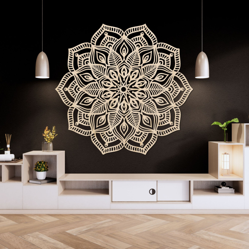 Wooden mandala on the wall with a detailed ornamental pattern for a modern interior