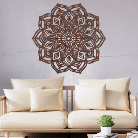 Wooden mandala on the wall with a detailed ornamental pattern for a modern interior