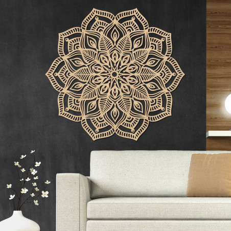 Wooden mandala on the wall with a detailed ornamental pattern for a modern interior