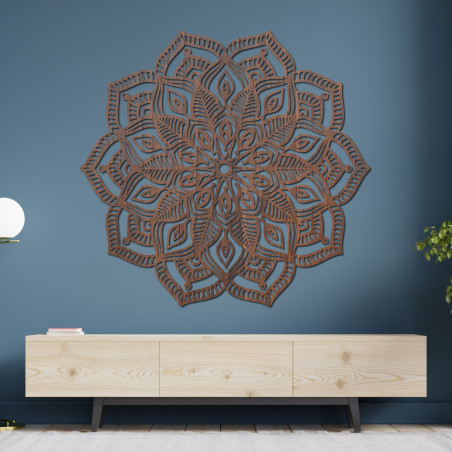 Wooden mandala on the wall with a detailed ornamental pattern for a modern interior