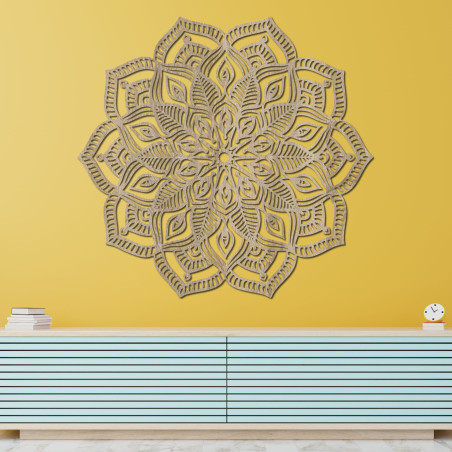 Wooden mandala on the wall with a detailed ornamental pattern for a modern interior