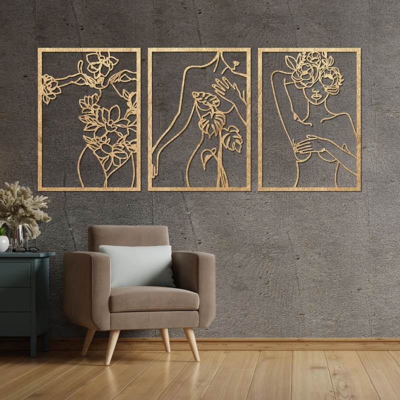 Modern wall decoration with a woman and flower motif in three panels