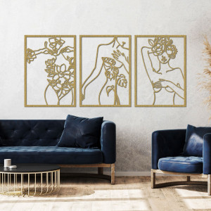 Modern wall decoration with a woman and flower motif in three panels