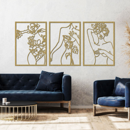 Modern wall decoration with a woman and flower motif in three panels