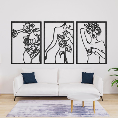 Modern wall decoration with a woman and flower motif in three panels