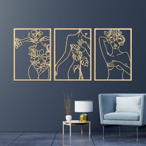 Modern wall decoration with a woman and flower motif in three panels 2