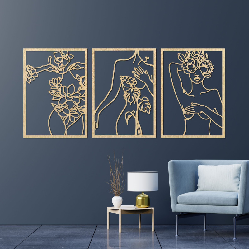 Modern wall decoration with a woman and flower motif in three panels