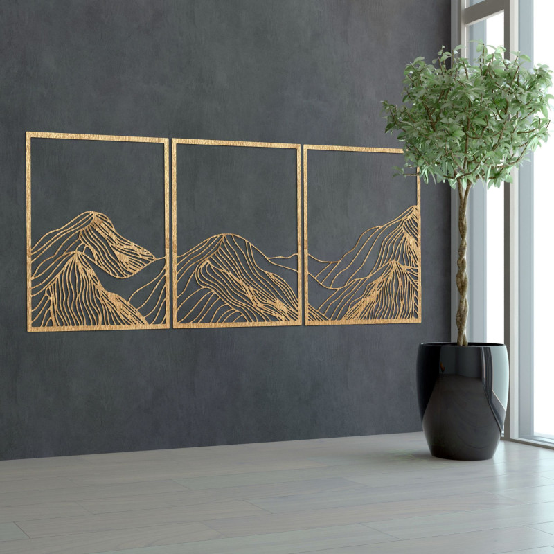 Three-piece mountain painting - modern wooden wall decoration for the living room