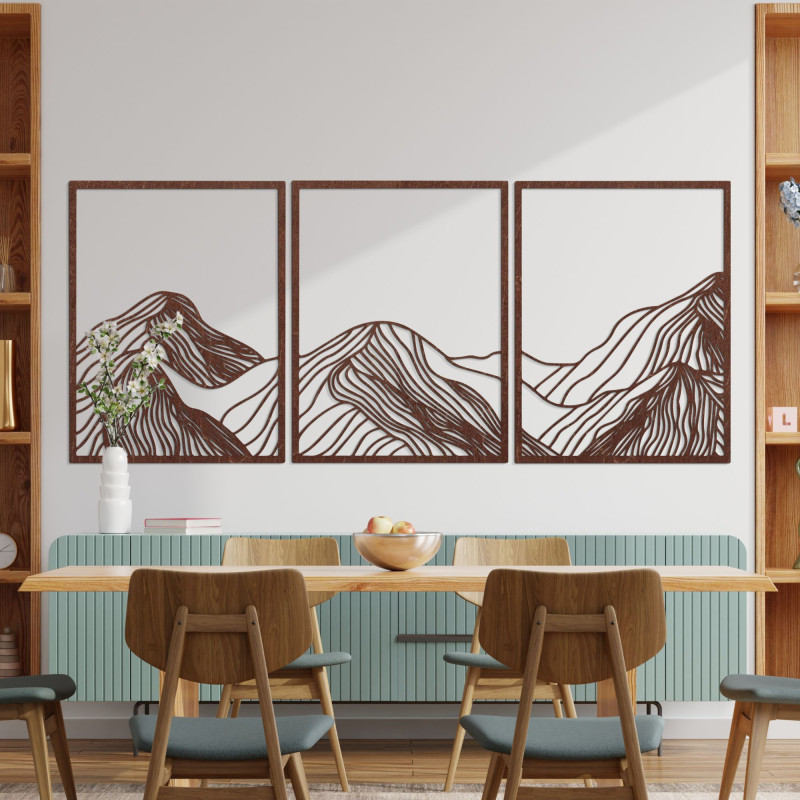 Three-piece mountain painting - modern wooden wall decoration for the living room