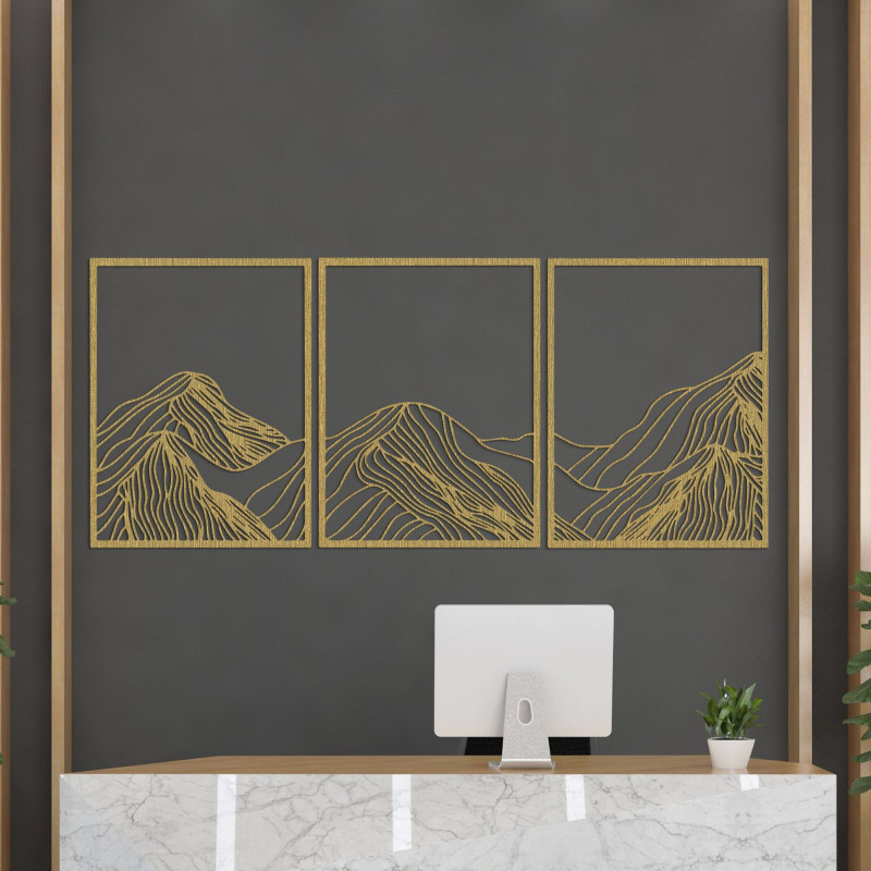 Wooden mountain painting in three parts - minimalist interior decoration