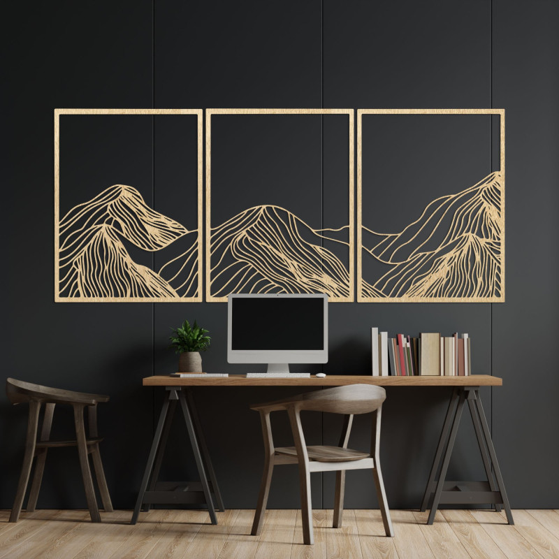 Three-piece mountain painting - modern wooden wall decoration for the living room