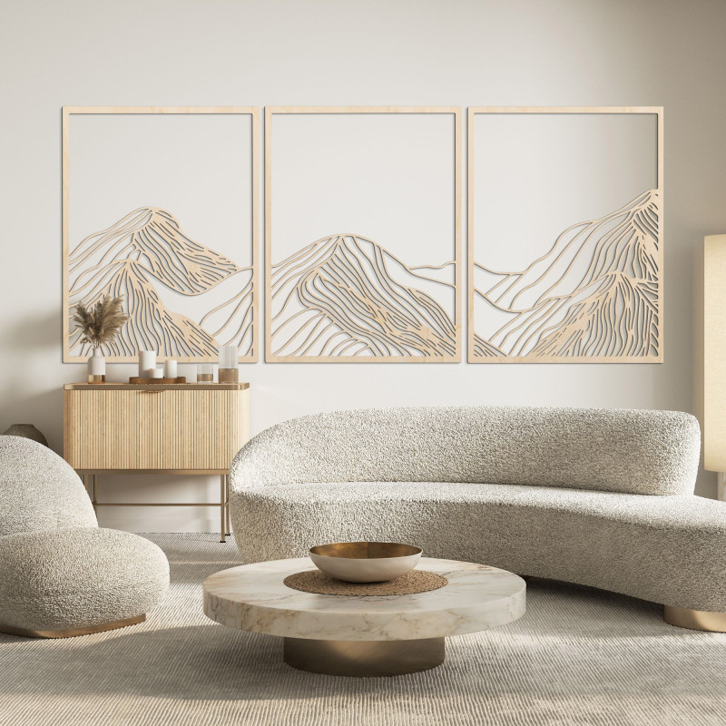 Three-piece mountain painting - modern wooden wall decoration for the living room