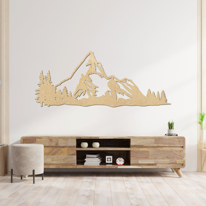 Wooden mountain panorama on the wall with a forest as a modern natural decoration