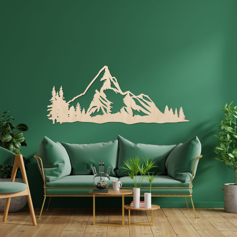 Wooden mountain panorama on the wall with a forest as a modern natural decoration
