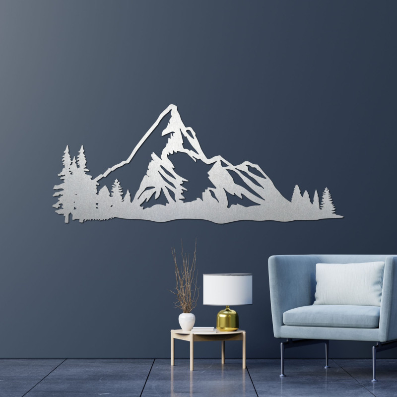 Wooden mountain panorama on the wall with a forest as a modern natural decoration