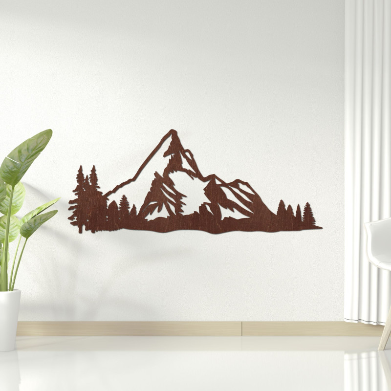 Wooden mountain panorama on the wall with a forest as a modern natural decoration