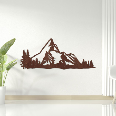 Wooden mountain panorama on the wall with a forest as a modern natural decoration