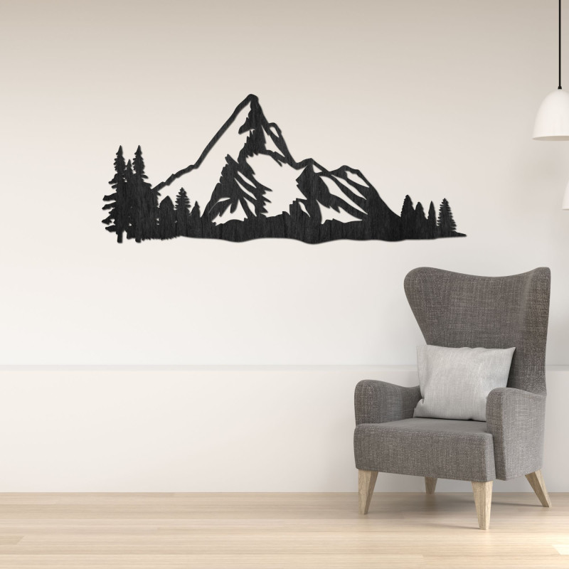 Wooden mountain panorama on the wall with a forest as a modern natural decoration