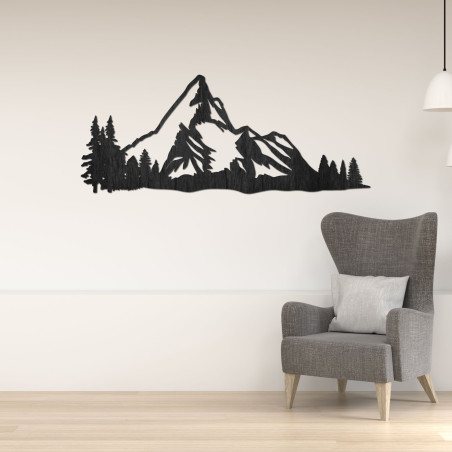 Wooden mountain panorama on the wall with a forest as a modern natural decoration