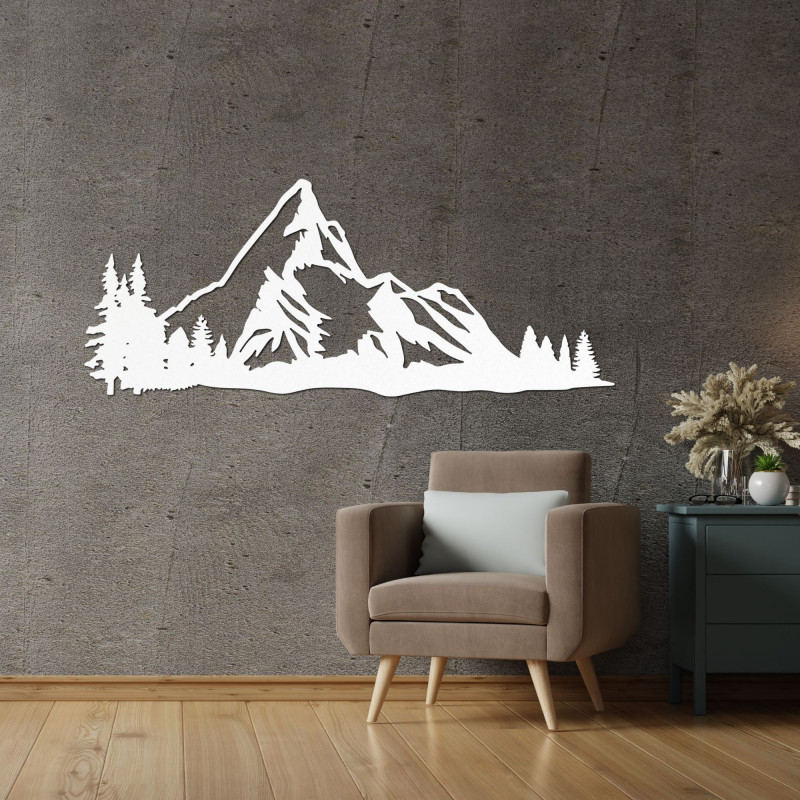 Elegant wooden picture of mountains with forest scenery for a stylish interior