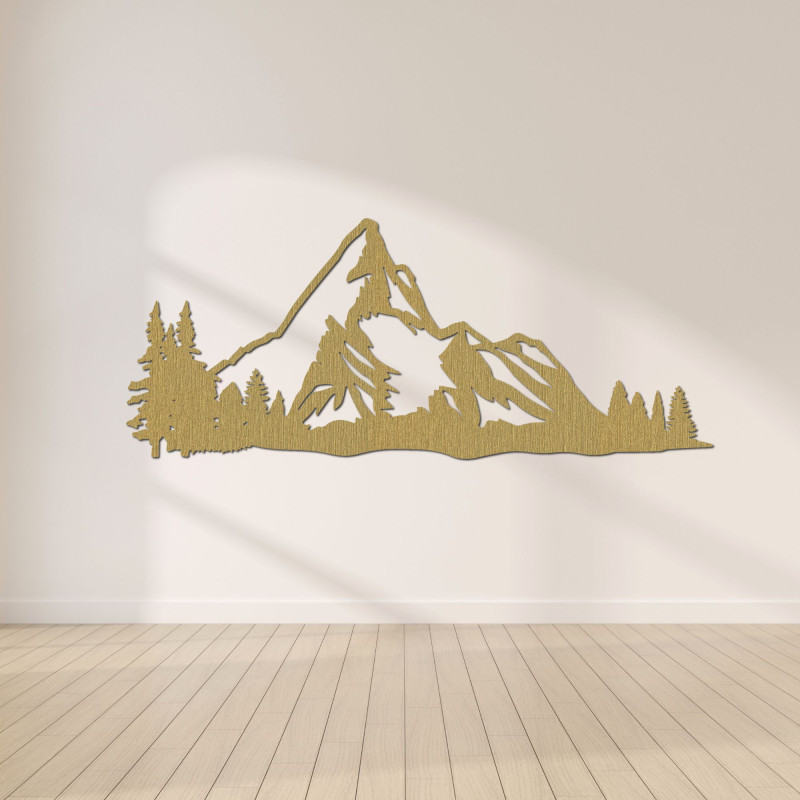Elegant wooden picture of mountains with forest scenery for a stylish interior