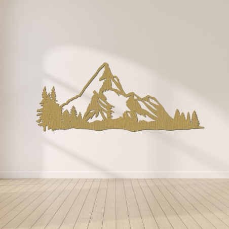 Elegant wooden picture of mountains with forest scenery for a stylish interior