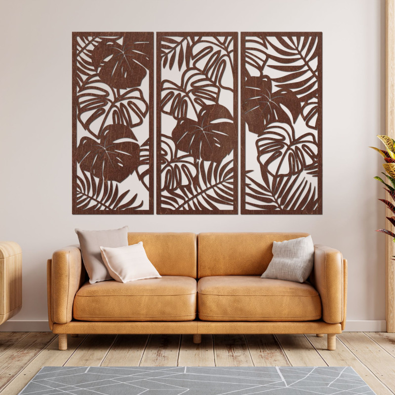 Modern wooden picture with tropical monstera leaves on the wall