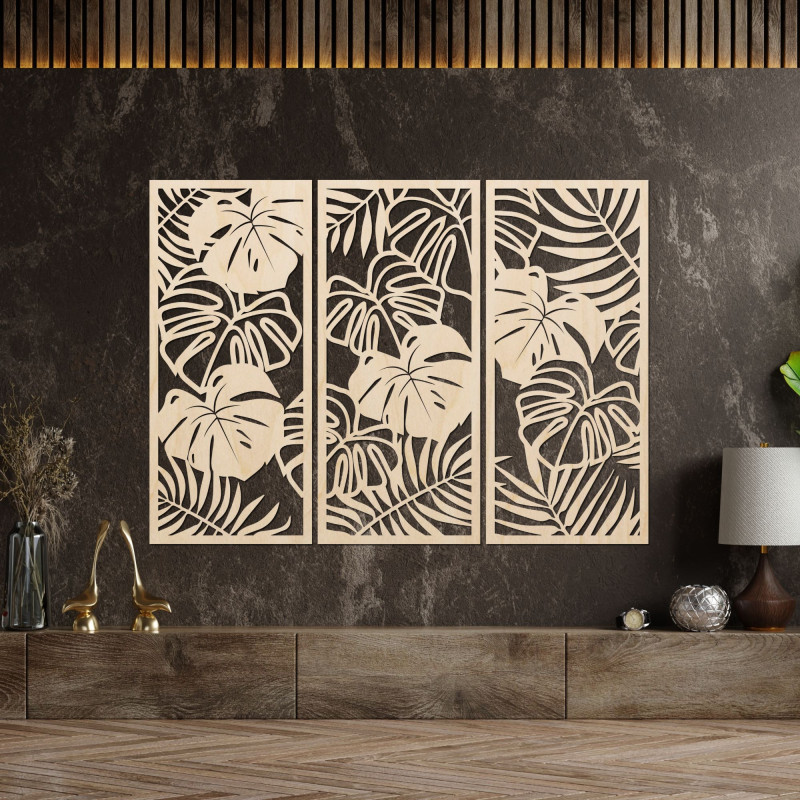 Modern wooden picture with tropical monstera leaves on the wall
