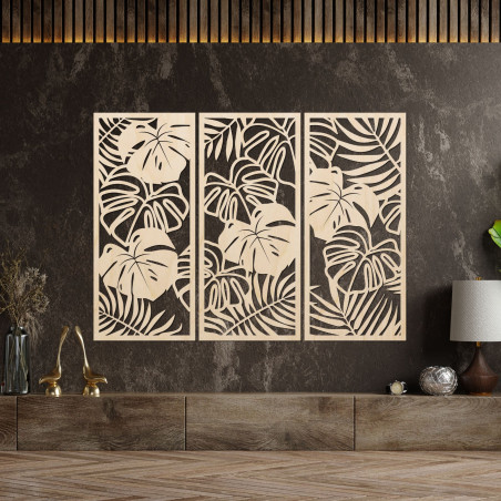 Modern wooden picture with tropical monstera leaves on the wall