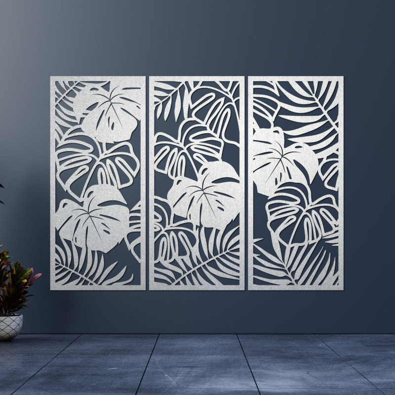 Modern wooden picture with tropical monstera leaves on the wall