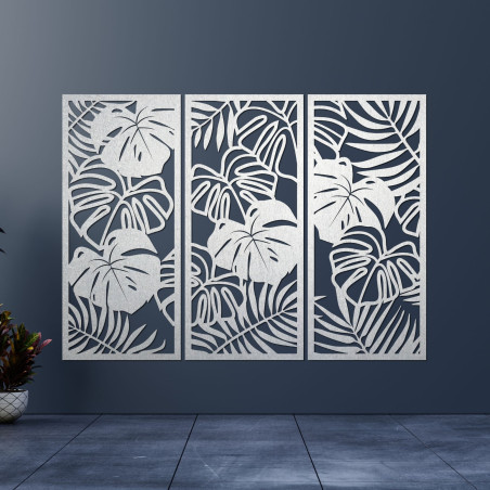 Modern wooden picture with tropical monstera leaves on the wall