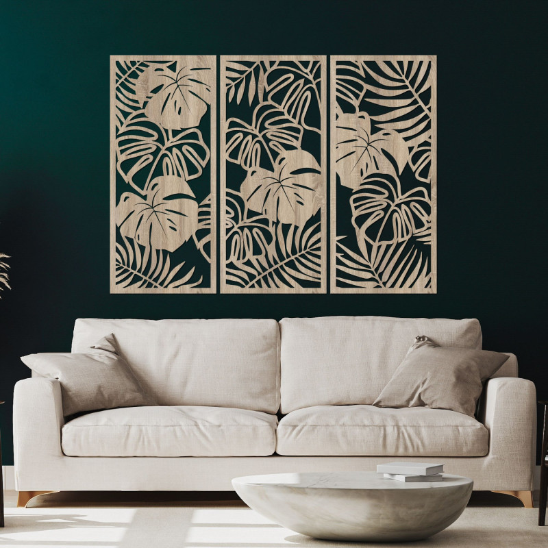 Modern wooden painting with tropical leaves for the living room