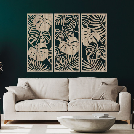 Modern wooden painting with tropical leaves for the living room
