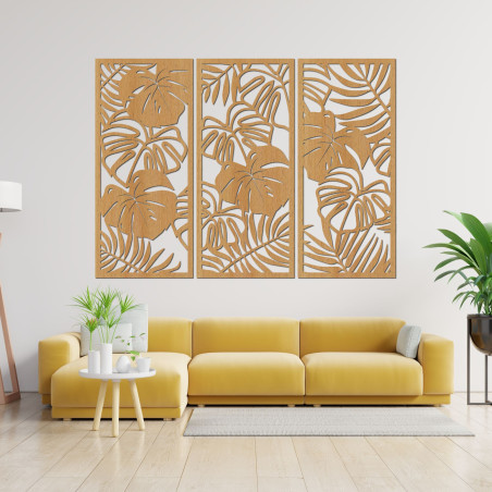 Modern wooden painting with tropical leaves for the living room