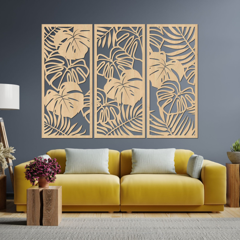 Modern wooden painting with tropical leaves for the living room
