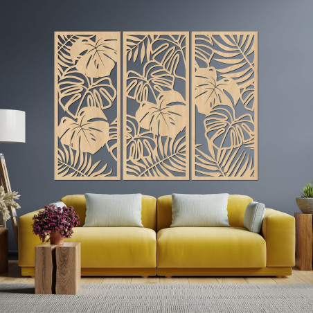 Modern wooden painting with tropical leaves for the living room