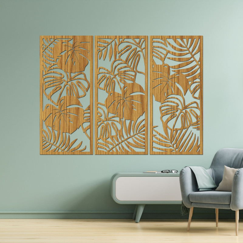 Modern wooden painting with tropical leaves for the living room