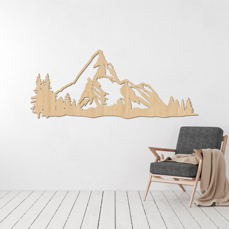Wooden picture of a mountain panorama with a forest as an elegant wall decoration