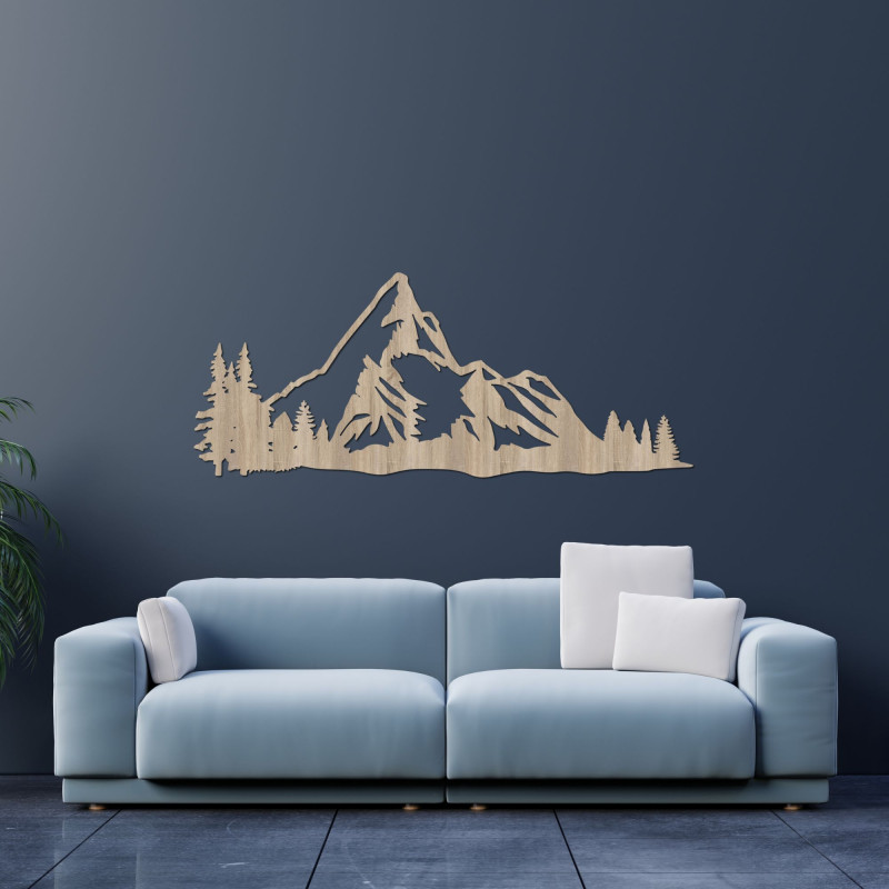 Wooden picture of a mountain panorama with a forest as an elegant wall decoration