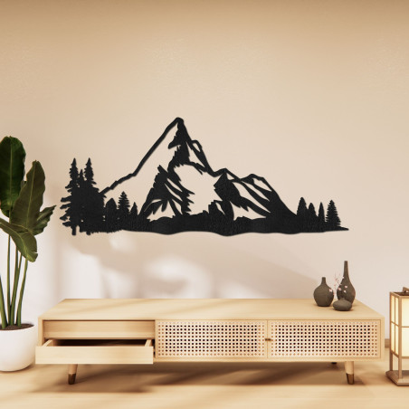 Wooden picture of a mountain panorama with a forest as an elegant wall decoration