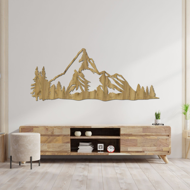 Modern wooden wall decoration with a mountain and natural landscape motif