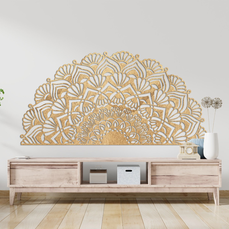 Luxurious wooden semicircular mandala for a stylish boho interior.