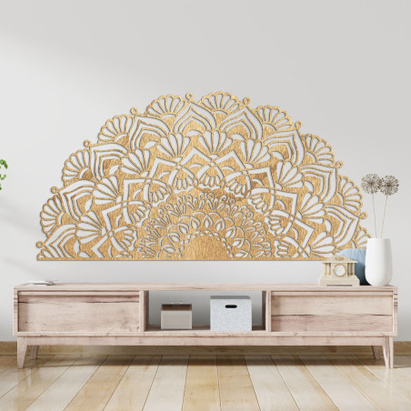 Luxurious wooden semicircular mandala for a stylish boho interior.