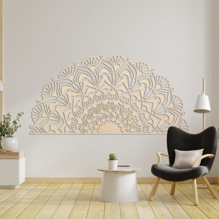 Luxurious wooden semicircular mandala for a stylish boho interior.
