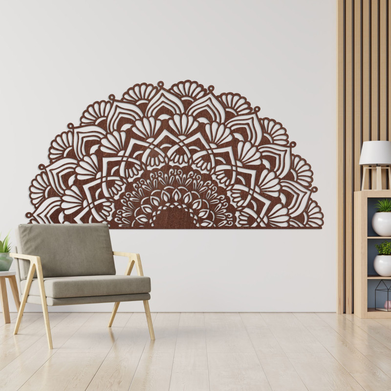 Luxurious wooden semicircular mandala for a stylish boho interior.