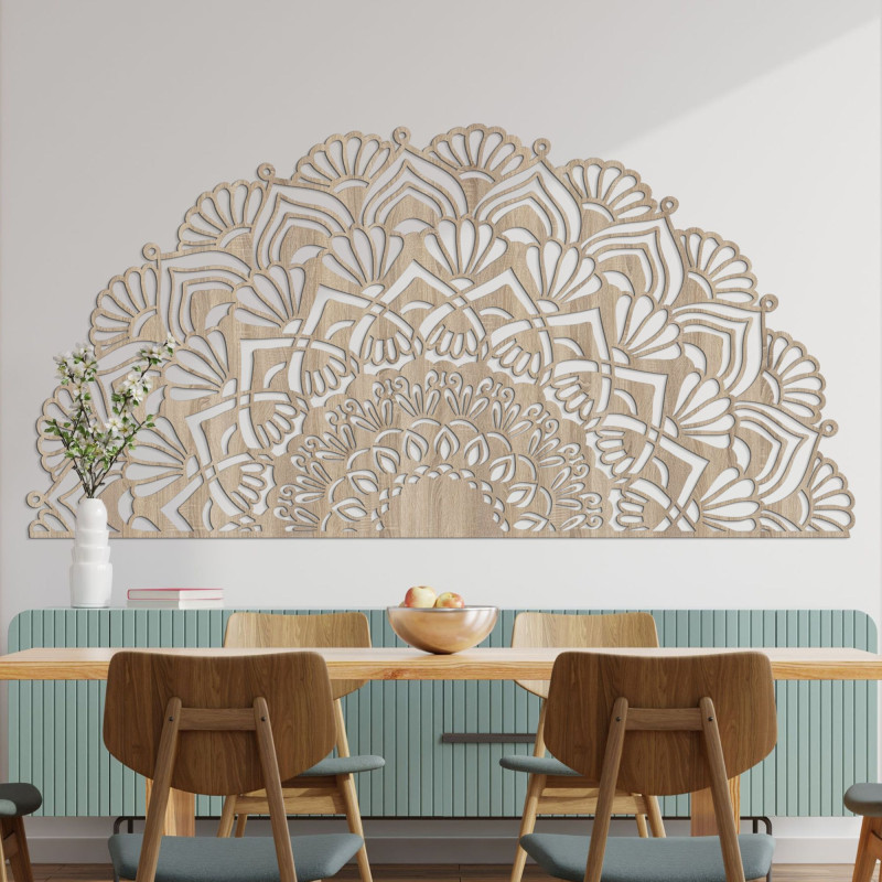 Luxurious wooden mandala on the wall in an elegant boho style interior