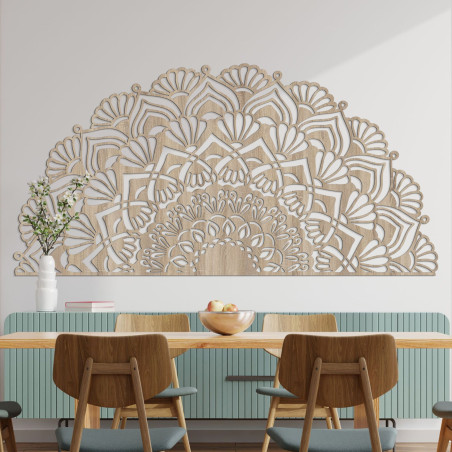 Luxurious wooden mandala on the wall in an elegant boho style interior