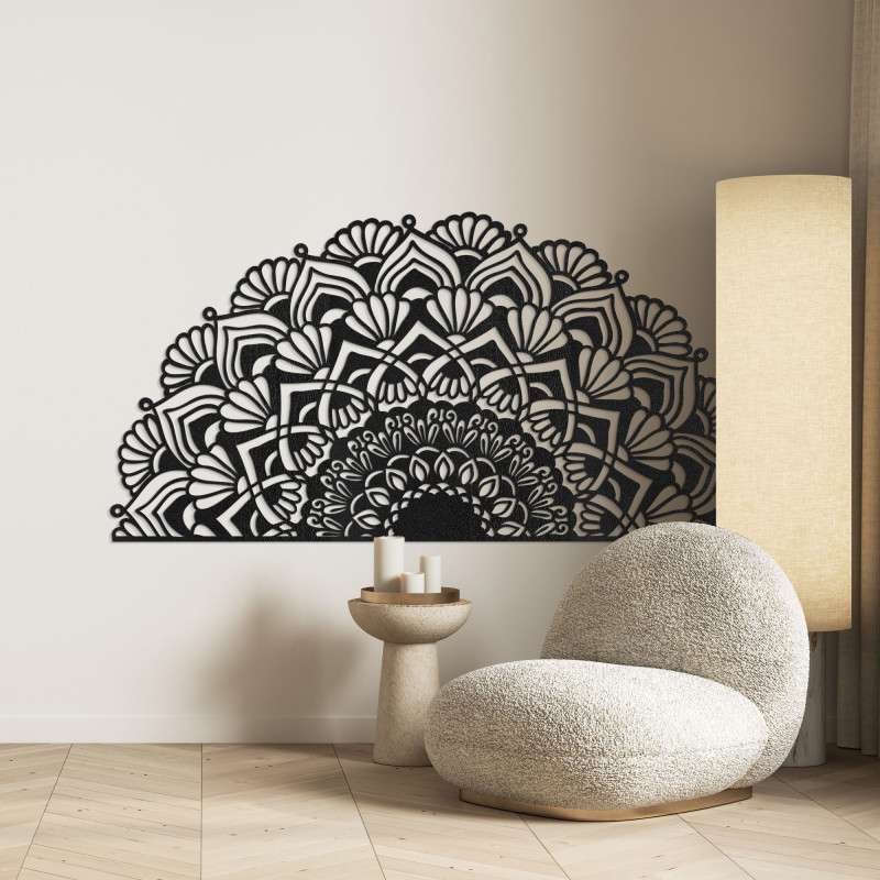 Luxurious wooden mandala on the wall in an elegant boho style interior