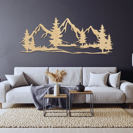 Wooden wall decoration of mighty mountains and forest