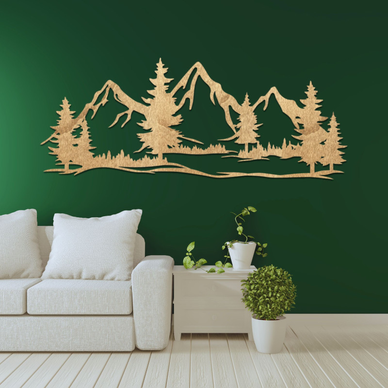 Wooden wall decoration of mighty mountains and forest